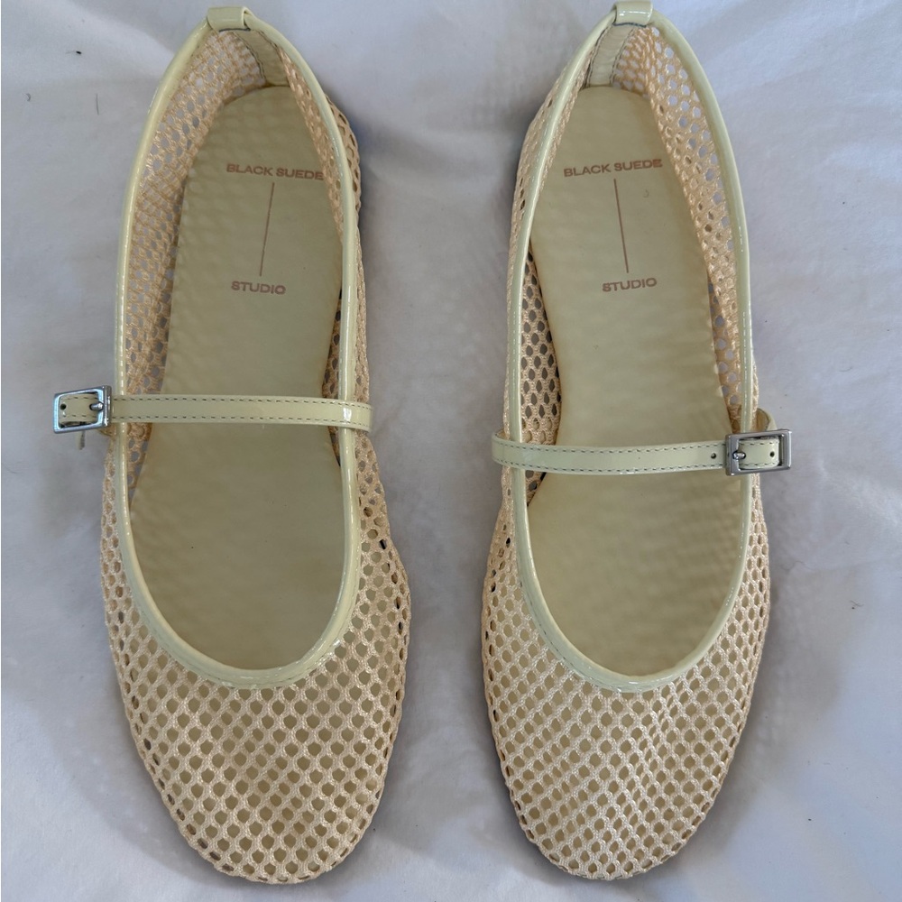 Black Suede Studio Butter Mika Mesh Ballerina Ballet Flats Sz 38 never worn!